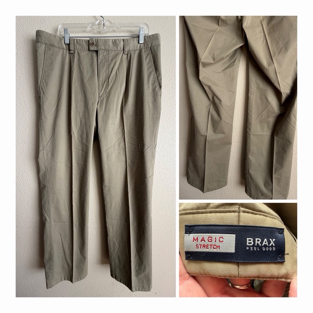 Brax Tom MT-WA Magic Stretch Pleated Chino Khaki Pants Mens 40/32 Luxury Tan